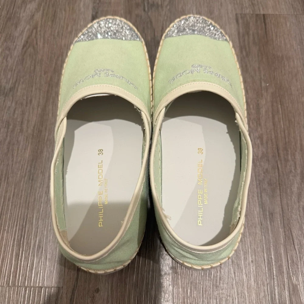 Philippe Model Marseille Low Canvas Glitter Detail Green Espadrille Flats